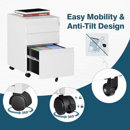 MIIIKO 3 Drawer File Cabinet on Wheels, Home Office Mobile File Drawers Under Desk, Full Assembled White Filing Cabinets with Lock for Legal/Letter/A4 File Folders - color: White, size: 3Drawer-24.5"H