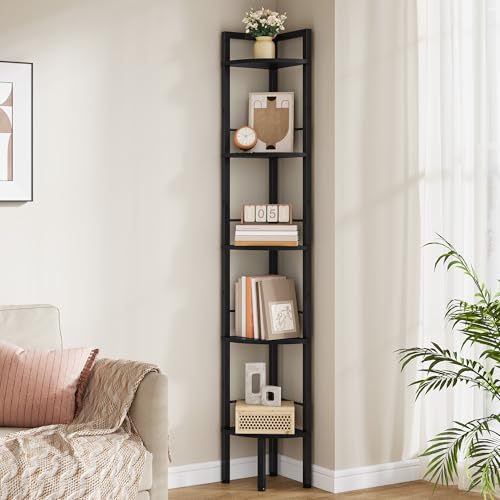 Tajsoon Small Corner Shelf Stand 5 Tier 60.5" with Metal Frame, Black - color: Black, size: 5 Tier