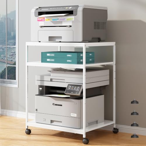 White Printer Stand, 20” Large Printer Table for Home Office, 3 Tier Rolling Printer Cart with Storage, for Shredder Scanner Fax - color: White