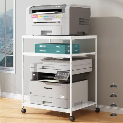 White Printer Stand, 20” Large Printer Table for Home Office, 3 Tier Rolling Printer Cart with Storage, for Shredder Scanner Fax - color: White