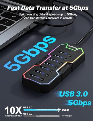 USB Hub 7 Port, RGB LED Strip USB Splitter for Laptop Gaming | USB 3.0 Hub with Individual LED On/Off Switches for Mac, PC, Desktop, Flash Drive, Mobile HDD