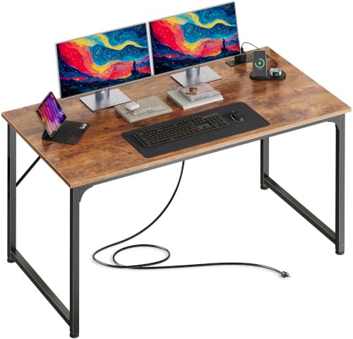 47 X 24 Inch Deeper Desk with Power Outlets | Computer Desk for Bedroom, Office Desk for Work from Home, Writing Study Gaming Table, Stable Metal Frame, Rustic Brown - color: Rustic Brown, size: 47.2*23.6 inch