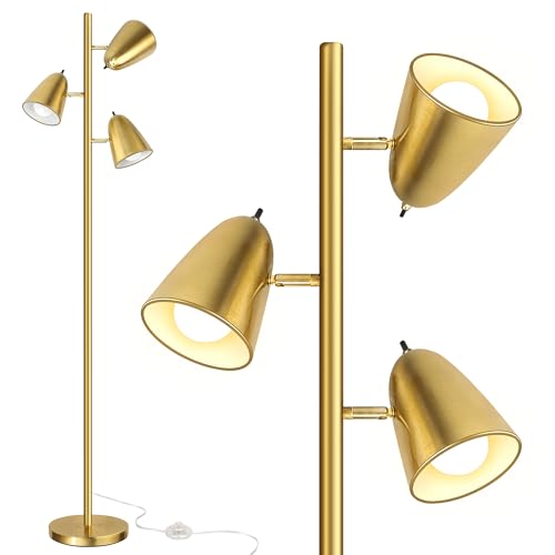 QiMH Tree Floor Lamp with 3 Light Bulbs, Standing Tall Pole Lamps for Living Room Bedroom Office, Reading Stand up Lamps with 3 Adjustable Arms, Brushed Gold - color: Brushed Gold