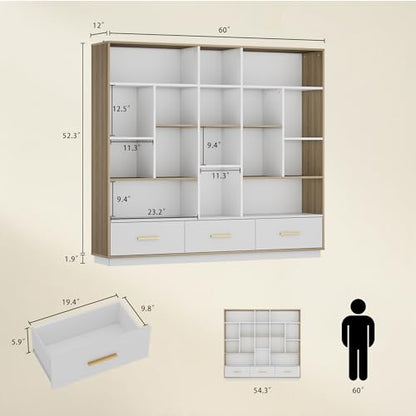 ModernMate 60" Wide Bookshelf with 3 Drawers & 16 Open Display Storage - color: White Walnut
