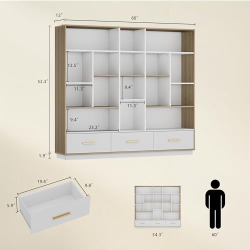 ModernMate 60" Wide Bookshelf with 3 Drawers & 16 Open Display Storage - color: White Walnut