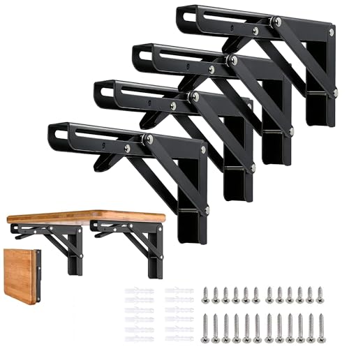 Folding Shelf Brackets - 10 Inch 4 Pcs Heavy Duty Metal Collapsible Triangle Shelf Bracket, DIY Wall Mounted Foldable Shelf Bracket, Space Saving for Bench Table - size: 10 Inch- 4 Packs