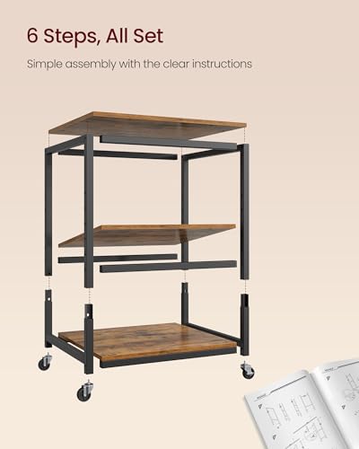 VASAGLE 3-Tier Printer Stand with Locking Wheels, Under Desk Printer Table - color: Rustic Brown + Ink Black, size: 3 Tiers/Large