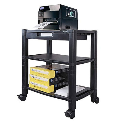 Kantek Height-Adjustable Deskside Printer Cart, Plastic, 3 Shelves, 1 Drawer, 60 lb Capacity, 20" x 13.25" x 24.5", Black - size: 20-Inch Extra Wide, style: 3-Shelf