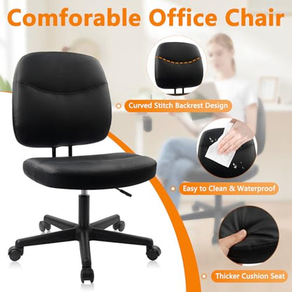 CLATINA Armless Home Office Chair,Small PU Leather Ergonomic Low Back Desk Chair with Lumbar Support and Wheels, Adjustable Height 360° Swivel Rolling Computer Task Chair, Black, 2 Pack - color: Black-heihu, size: 2 Pack