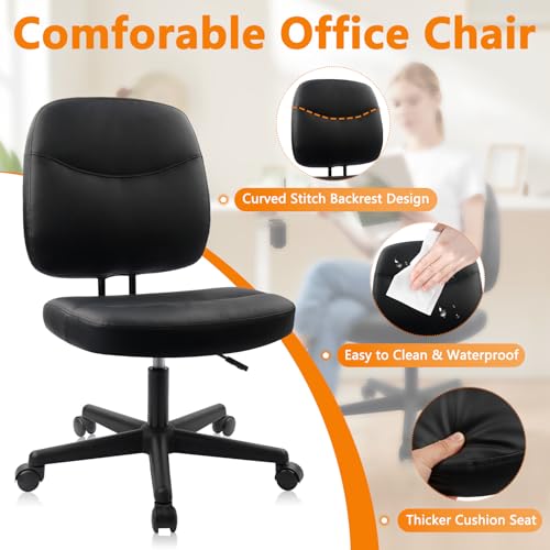 CLATINA Armless Home Office Chair,Small PU Leather Ergonomic Low Back Desk Chair with Lumbar Support and Wheels, Adjustable Height 360° Swivel Rolling Computer Task Chair, Black, 4 Pack - color: Black-heihu, size: 4 Pack
