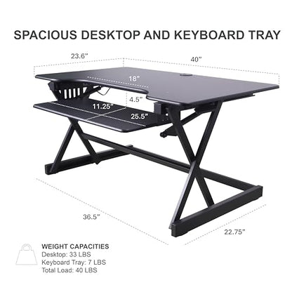 Rocelco 40" Height Adjustable Standing Desk Converter with AC Outlet USB Charger and Dual Monitor Arm Mount - Sit Stand Up Tabletop Riser - Sliding Keyboard Tray - Black (R DADRB-40-ACUSB-DM2) - color: Black Acusb, size: 40", style: Riser+Dual Mount