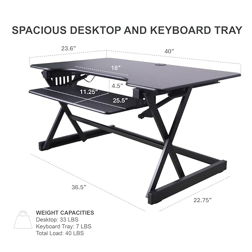 Rocelco 40" Height Adjustable Standing Desk Converter with AC Outlet USB Charger and Dual Monitor Arm Mount - Sit Stand Up Tabletop Riser - Sliding Keyboard Tray - Black (R DADRB-40-ACUSB-DM2) - color: Black Acusb, size: 40", style: Riser+Dual Mount