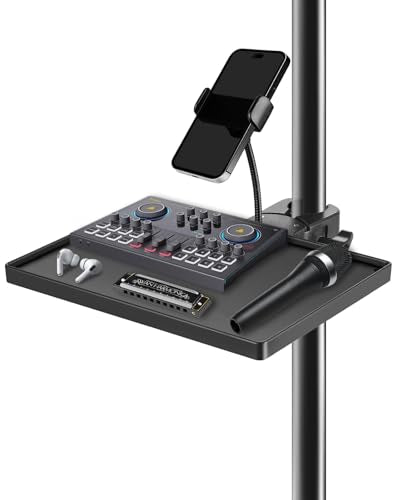 BILIONE Mic Stand Tray 10.6" x 7.8" Large with Crab Clamp for Mixers & Gear - style: Tray with Phone Holder