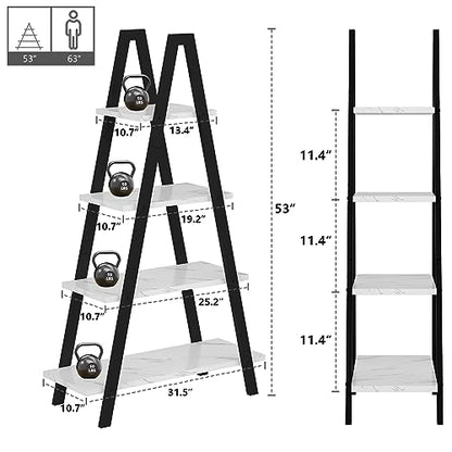 Recaceik 4-Tier A-Shaped Ladder Bookshelf, Industrial Faux Mable Bookcase with Metal Frame, Farmhouse Open Display Shelves for Living Room, Bedroom, Office - color: White