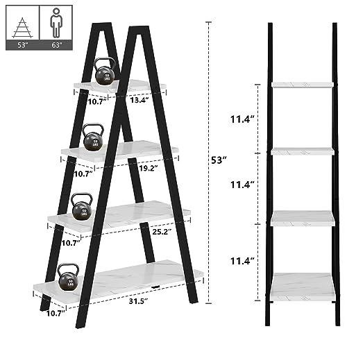 Recaceik 4-Tier A-Shaped Ladder Bookshelf, Industrial Faux Mable Bookcase with Metal Frame, Farmhouse Open Display Shelves for Living Room, Bedroom, Office - color: White
