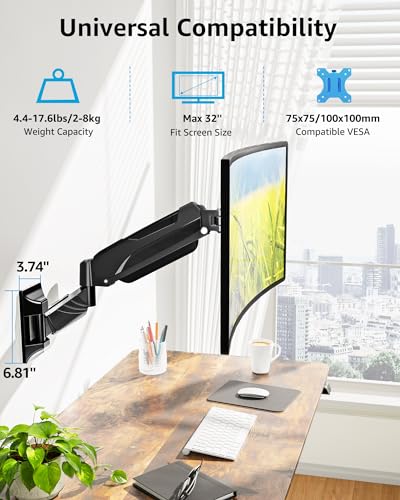 MOUNTUP Monitor Wall Mount for 17-32 Inch Computer Screen, Wall Mounted Arm Support 4.4-17.6lbs Display, Computer Monitor Arm, VESA Bracket for VESA 75x75mm and 100x100mm, Black - size: 17-32 inch