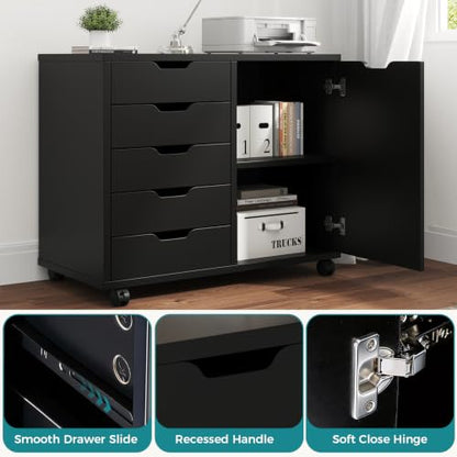 OLIXIS 5-Drawer Rolling Mobile File Cabinet Wood Printer Stand with Storage | Under Desk Storage with Locking Casters Adjustable Shelf, Wood Top 100 lbs Capacity for Home Office Organizer Compact, Black