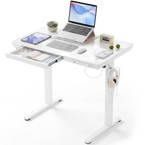 INNOVAR 35" Small Glass Standing Desk with Drawers & USB Ports, Whole-Piece Glass Top Adjustable Height Desks, Quick-Install Electric Sit-Stand Up Desk for Home Office & Computer Workstation, White - color: Super White, size: 35 inch with USB