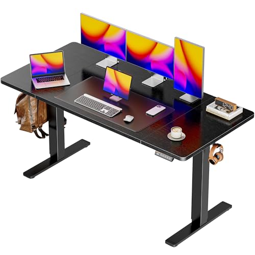Huuger 55 x 28 Large Electric Standing Desk, Height Adjustable Computer Desk, 27.6" Deep Desktop, Stand up Gaming Office Table with 2 Hooks, 3 Preset Heights, for Home Office, Black - color: Black, size: 55*28 inch (no outlets)