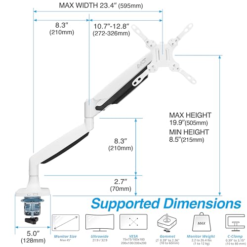 AVLT Single 17"-45" Monitor Arm Desk Mount Premium - White - color: White