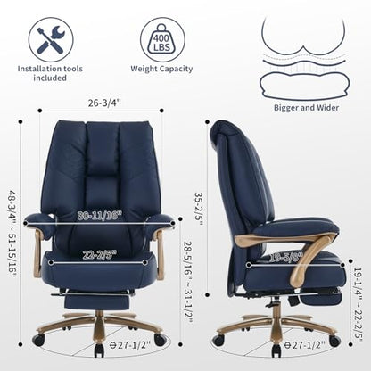 EXCEBET Big and Tall Executive Office Chair with Footrest, 400LBS Capacity Ergonomic High-Back Desk Office Chair with Lumbar Support, Padded Armrests & Thick Cushion, Blue PU Leather Chairs - color: Blue