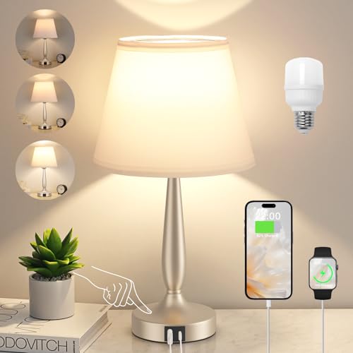Kakanuo Touch Table Lamp for Bedroom, Small Bedside Lamp with USB C Charging Port, 3 Way Dimmable Touch Control Nightstand Lamp for Living Room, White Shade and Champagne Gold Base - color: White Shade+Champagne Gold Base, size: 1 Pack