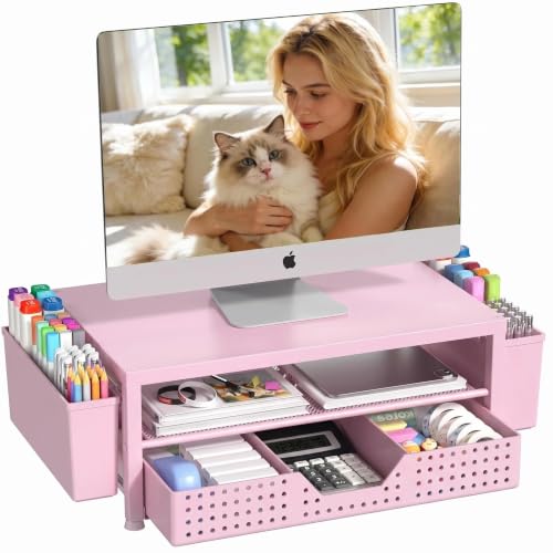 OPNICE Desk Organizers and Accessories, Computer Monitor Stand Riser with Drawer and 2 Pen Holders, Printer & Laptop Stand, Office Desk Accessories & Workspace Organizers for Home Office Supplies, Pink - color: Pink
