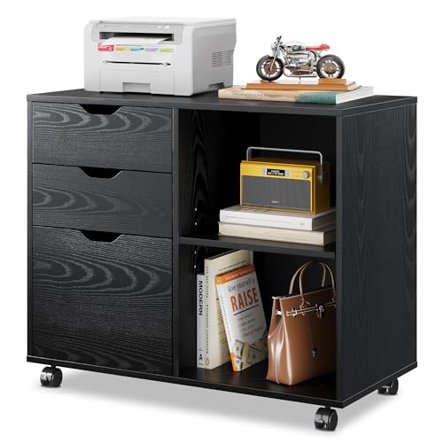 DEVAISE 3-Drawer Wood File Cabinet, Mobile Lateral Filing Cabinet, Printer Stand with Open Storage Shelves for Home Office, Black | Mobile Printer Stand, Open Storage Shelves, Letter & A4 Compatible, Wood, Home Office - color: Black