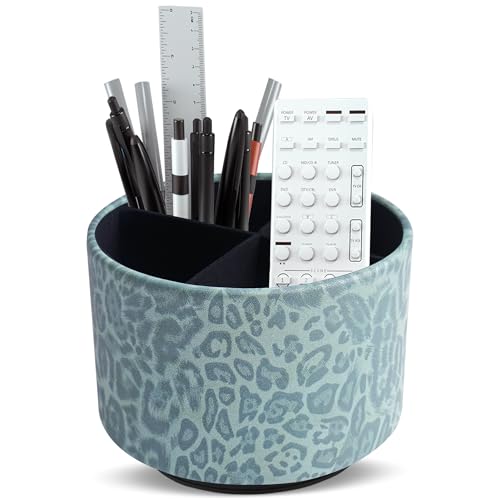 Round Leather Art Supply Organizer,Remote Control Holder,360 Degree Rotating,Multi-Functional Pencil Holder,4 Compartments Desktop Stationary Organizer(1-Leopard Green) - color: 1-Leopard Green