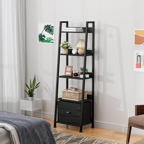 Furologee Ladder Shelf, Ladder Bookshelf with Drawer, Industrial 5 Tier Book Shelf, Display Open Bookcase Storage Shelves for Books, CDs, Photos, Black Shelving Unit for Home Office, Living Room