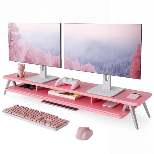 Fenge Dual Monitor Stand Riser, Wooden Desk Shelf with 2-Tier Storage | 42.5-Inch Wide, Sturdy Aluminum Legs, Built-In Phone & Tablet Slot, Desktop Organizer for Office Accessories - color: Pink, size: 42.5 Inch