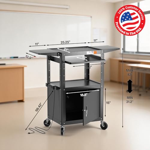 POCHAR Steel AV Cart with Locking Cabinet & Drop Leaves - Adjustable Height Media Carts with Wheels, Pullout Tray, Power Strip - Mobile Workstation Computer Cart for Office Classroom Shop Warehouse - style: Locking Cabinet with Drop Leaves (AVMTK)