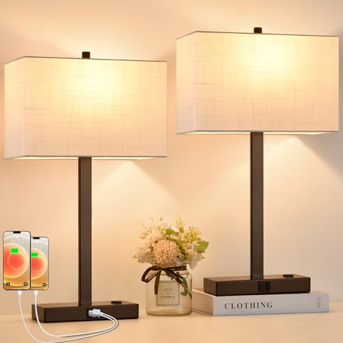 21" Touch Bedside lamps with 2 USB & AC Outlets, 3-Way Dimmable Bedside Table Lamps Set of 2 for Bedroom Living Room Office Reading, White Shade Lamps for Night Stands, 2700K LED Bulbs Included - color: White Linen & Brown