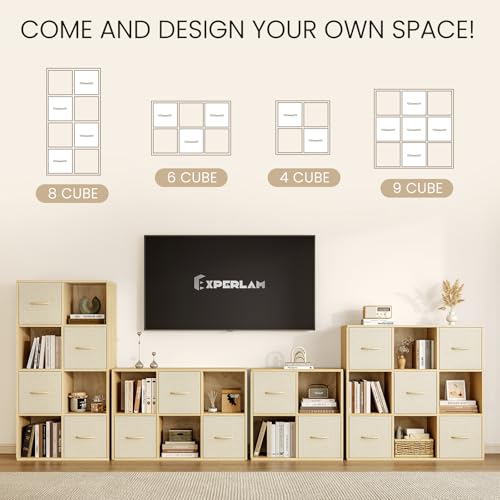 EXPERLAM 6 Cube Storage Organizer - Solid Wood Bookshelf with 3 Storage Bins, Cube Shelf with 2 Removable Back Panels, Vertical or Horizontal Bookcase, Open Book Shelf for Bedroom, Living Room, Office - size: 6 Cube Shelf