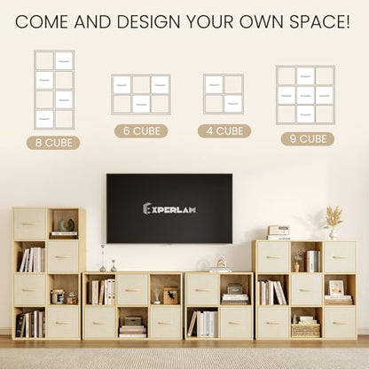 EXPERLAM 6 Cube Storage Organizer - Solid Wood Bookshelf with 3 Storage Bins, Cube Shelf with 2 Removable Back Panels, Vertical or Horizontal Bookcase, Open Book Shelf for Bedroom, Living Room, Office - size: 6 Cube Shelf