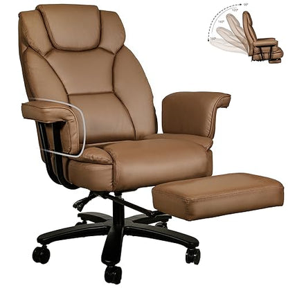 Reclining Office Chair with Footrest, Big and Tall High Back Home Office Desk Chairs 400lbs with Criss Cross Wide Seat, Heavy Duty Base, Pu Leather, Brown - color: Brown