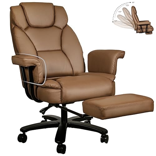 Reclining Office Chair with Footrest, Big and Tall High Back Home Office Desk Chairs 400lbs with Criss Cross Wide Seat, Heavy Duty Base, Pu Leather, Brown - color: Brown