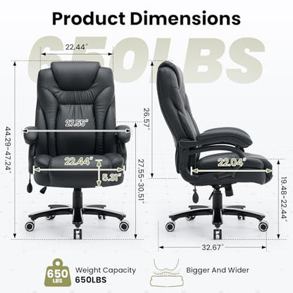 650lbs Big and Tall Office Chair for Heavy People,Ergonomic High Back PU Leather Computer Chair with Adjustable Lumbar Support,Comfy Executive Office Desk Chair with Wide Seat,Silent Wheels,Black