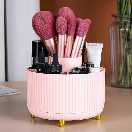 WILL OAK Makeup Brush Organiser - Large Compartment Cosmetic Organizer -Eyeliner, Nail Polish, Art Supply, Bathroom Vanity Desktop Organizer (Pink) - color: Pink