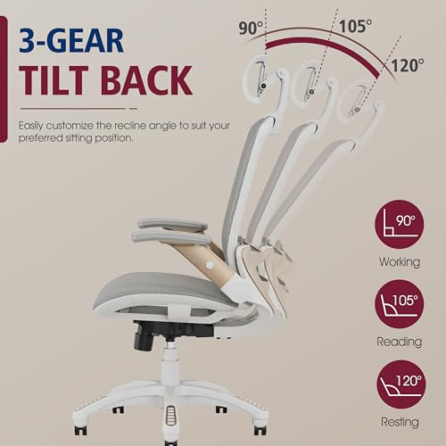 GABRYLLY Ergonomic Office Chair, High Back Home Desk Chair with Headrest, Flip-Up Arms, 90-120° Tilt Lock and Wide Cushion, Big and Tall Mesh Chairs for Man Woman, White Task Chair - color: White Frame - Black With Subtle White Undertones Mesh