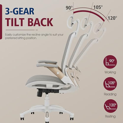 GABRYLLY Ergonomic Office Chair, High Back Home Desk Chair with Headrest, Flip-Up Arms, 90-120° Tilt Lock and Wide Cushion, Big and Tall Mesh Chairs for Man Woman, White Task Chair - color: White Frame - Black With Subtle White Undertones Mesh