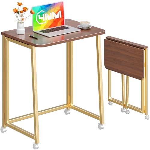 4NM 23.6" Mobile Small Folding Desk, Foldable Rolling Computer Home Office Desk, Study Writing Table for Small Space Saving Bedroom, with Wheels - Brown and Gold - color: Brown and Golden, size: 23.6"W x 15.7"D