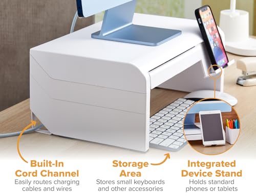 Bostitch Konnect Adjustable Monitor Riser with Drawer & Cell Phone Holder, Laptop Stand for Desk, 4 Height Levels, Cable Management & Rubber Feet - color: White, style: Deluxe Laptop Stand