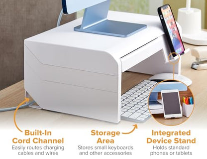 Bostitch Konnect Adjustable Monitor Riser with Drawer & Cell Phone Holder, Laptop Stand for Desk, 4 Height Levels, Cable Management & Rubber Feet - color: White, style: Deluxe Laptop Stand