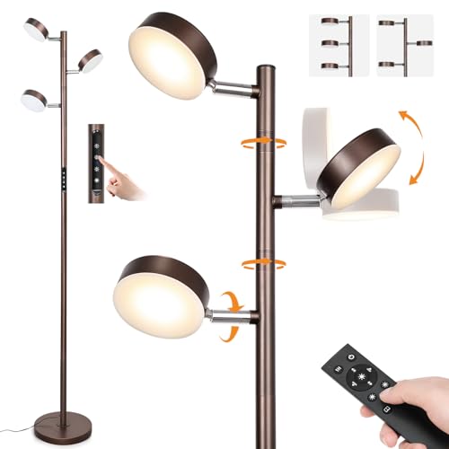 Dimmable LED Floor Lamp with Remote Modern Tall Standing Lamp with 3 Adjustable Heads Light Touch Control 4 Color Temperatures Timer Tree Floor Lamps for Living Room Bedroom Office Reading, Brown - color: Brown