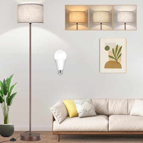 65‘’ Simple Design Floor Lamp with 3CCT 9W LED Bulb, Modern Industrial Standing Lamp for Living Room with Foot Switch, Tall Lamp with Drum Shade, Stand Up Floor Light for Study Bedroom Office, Brown - color: Brown+Cream(Shade)