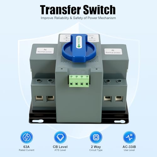 Dual Power Automatic Transfer Switch 63A 2P/4P 110V Generator Changeover Switch Tool Electronic Power Circuit Breaker Controller 50HZ/60HZ (2P/63A Blue)