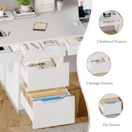 MaverickFurni 78" Two Person Desk with 5 Drawer, Long Desk with File Drawer | Double Desk for 2 People, 2 Person Desk Writing Table for Home Office, Long Computer Desk with Storage, White - color: Farmhouse White