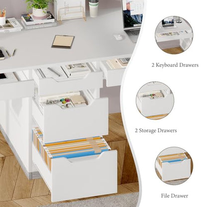 MaverickFurni 78" Two Person Desk with 5 Drawer, Long Desk with File Drawer | Double Desk for 2 People, 2 Person Desk Writing Table for Home Office, Long Computer Desk with Storage, White - color: Farmhouse White