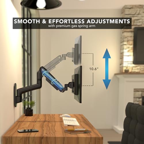 Mount-It! Heavy-Duty Wall Mount Arm for 49" Curved Monitors | Gas spring full motion arm, 23.5" reach, holds 44 lbs, VESA 75/100, single-stud install.